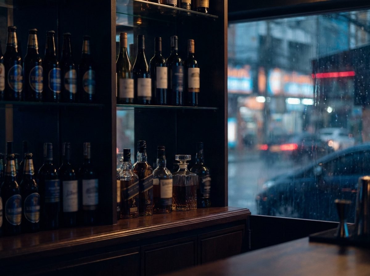 A back bar at night with beer, wine and spirits on the shelves