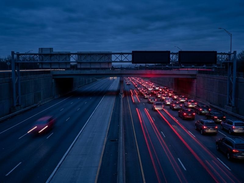Congested interstate lanes beside a free-flowing express lane