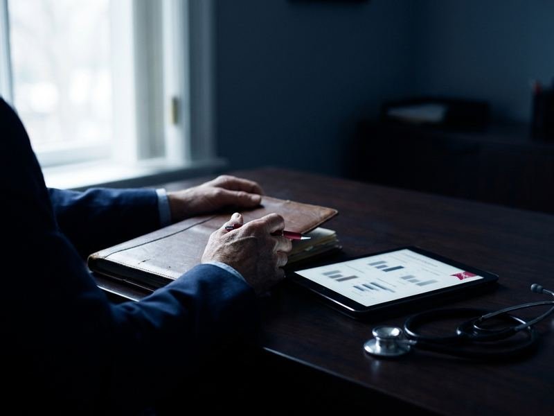 A physician reviewing a patient chart and a tablet