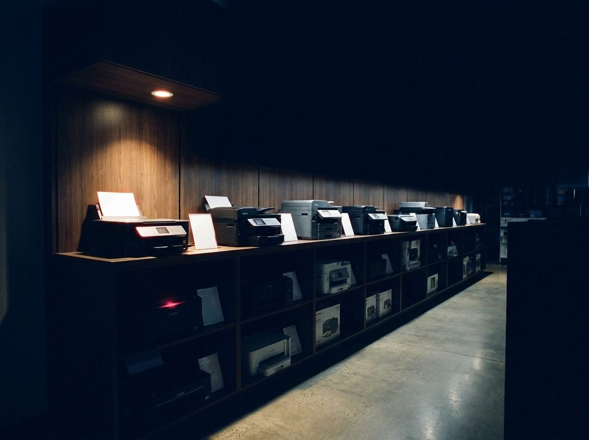 A showroom shelf of inkjet and multifunction printers