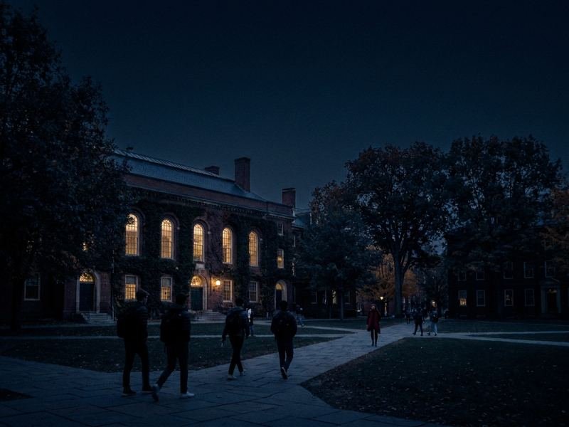 A college quad at dusk