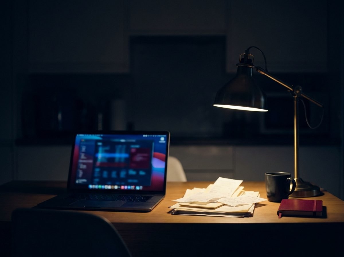 A laptop and a stack of tax forms on a kitchen table at night