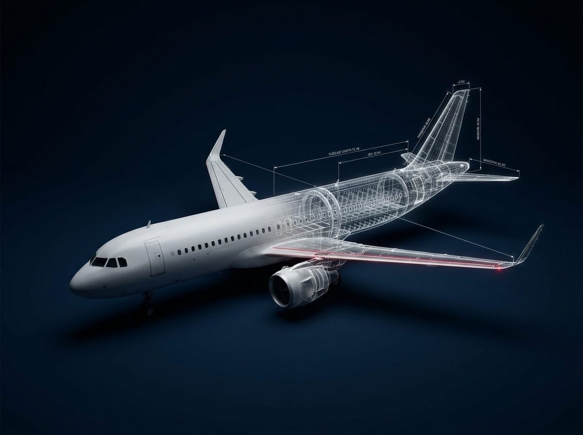 An airliner in a CAD model, half rendered, half wireframe showing its internal structure