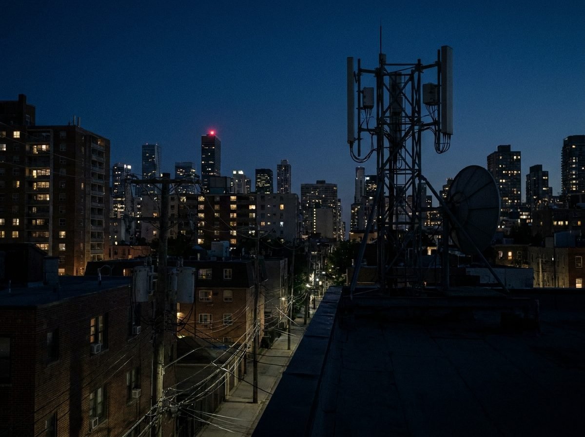 A city rooftop at dusk with a cellular tower and phone lines